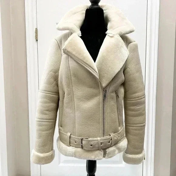 Topshop Cora Faux Shearling Moto Aviator Biker Jacket Cream Ecru Size 4 NWOT - Picture 16 of 16